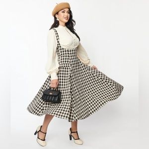 Unique Vintage Tan & Black Plaid Suspender Amma Swing Skirt - XL